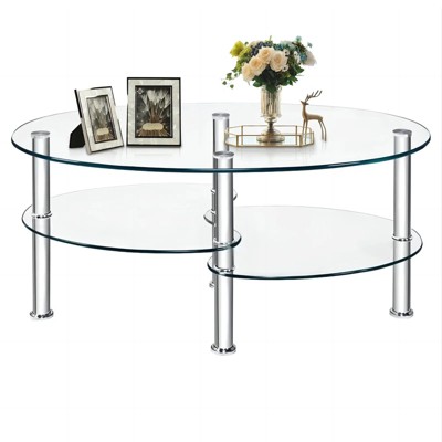 SUGIFT Oval Glass Coffee Table with Storage Side Shelf and Metal Legs for Living Room Clear