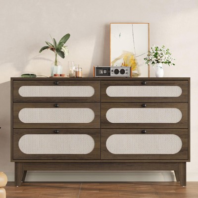 Rattan Nightstand Bedside Table, Modern Side Table with 6 Drawers, Narrow Chests of Drawers, End Tables for Bedroom, Living Room