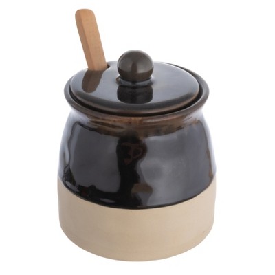 Storied Home Stoneware Sugar Pot with Lid and Wood Spoon