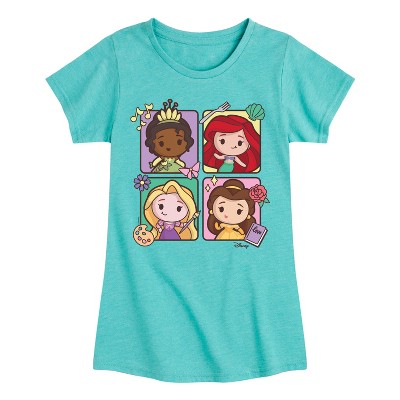Girls' - Disney Princess - Kawaii Chibi Tiana Ariel Belle Rapunzel Fitted Short Sleeve Graphic T-Shirt