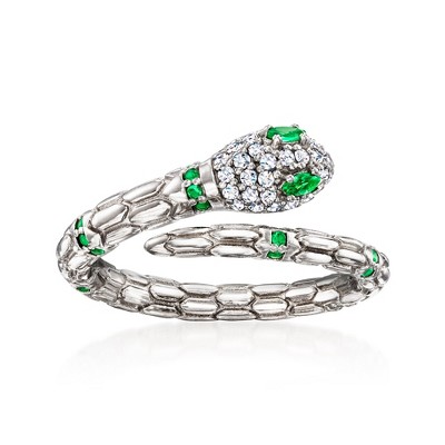 Ross-Simons Italian 0.14 ct. t.w. Simulated Emerald and .10 ct. t.w. CZ Snake Ring in Sterling Silver