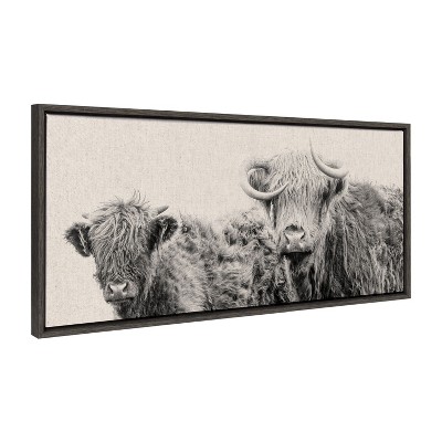 Kate and Laurel Sylvie Two Highland Cow Best Friends Neutral Linen Bright Framed Canvas by The Creative Bunch Studio