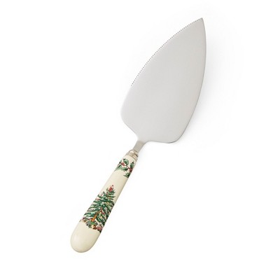 Portmeirion Christmas Tree Cake Server, 10-Inch Stainless Steel Cake Knife with Fine Porcelain Handle, Elegant Holiday Table Setting Addition