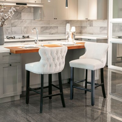 CAVINAS Velvet Upholstered Wing-Back Barstools with Spring Cushion, Backrest Support, Button Tufted Decoration, Set of 2
