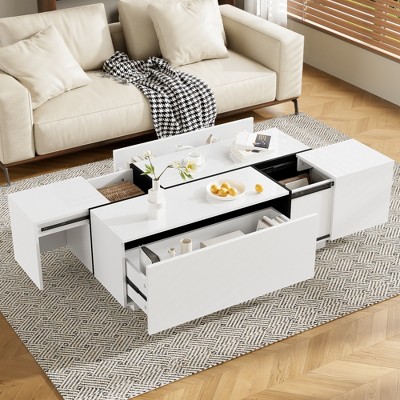 47.2"-72.7" Extendable Coffee Table with High-Gloss Finish, 2 Hidden Storage Compartments & 2 Drawers for Living Room