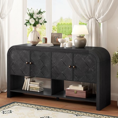 TIRAMISUBEST Versatile Console Table/Buffet Sideboard Cabinet with Woven Wood Slats, 4-Door Retro Style Storage Table