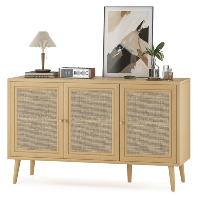 FONTOI Decorative Storage Cabinets, Sideboard Buffet Cabinet with 3 Rattan Doors, Modern Bar Cabinet for Kitchen Entryway, Brown, 15.5"*27.6"*47.2"
