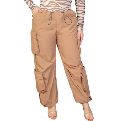 Slickblue Plus Size Ruched Parachute Pants - Drawstring Waist with Flap Pockets - Sugar Brown - Size 1XL-3XL