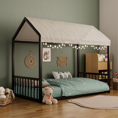 Twin/Full Size Montessori Metal Floor Bed Frame, House Shaped Platform Bed with Vertical Safety Guardrails for Kids/Toddlers - ModernLuxe