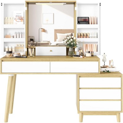 Makeup Vanity Desk with Lighted Mirror, 3 Color Modes, Adjustable Brightness, 6 Storage Drawers, Elegant Dressing Table, White and Beige
