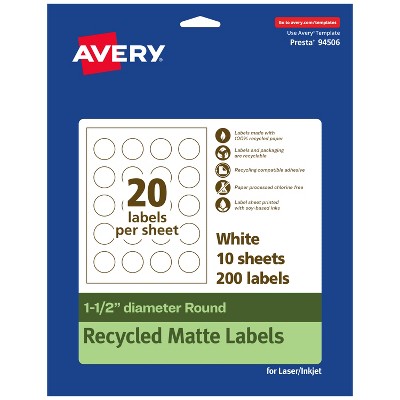 Avery Recycled Matte White Labels,  1-1/2" diameter Round
