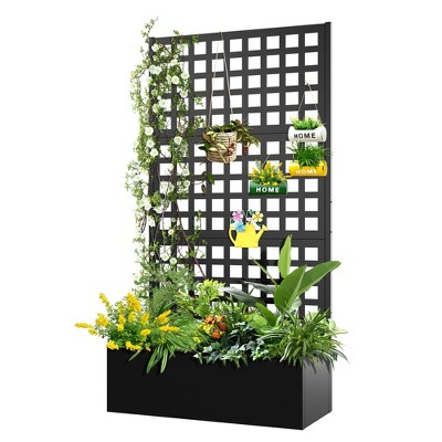 TOAOTBNBO Metal Raised Garden Bed with Square-Hole Trellis, Outdoor Planter Box for Climbing Plants, Galvanized Garden Box with Drainage Holes