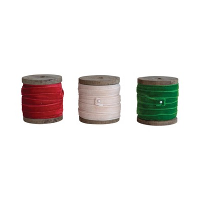 Storied Home 10 Yard Velvet Ribbon on Wood Spool, Set of 3 Colors
