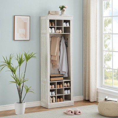 Hall Tree with Bench and Shoe Storage, 4-in-1 Entryway Bench with Coat Rack, 15 Shoe Cubbies & 5 Coat Hooks, Gray