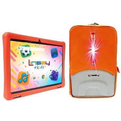 LINSAY 10.1"Octa Core  256GB Storage Android 15 Tablet with Red Kids Defender Case and LED Back Pack Orange