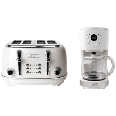 Haden Heritage 4 Slice Wide Slot Stainless Steel Toaster Bundled with 12 Cup Programmable Drip Coffee Maker Coffee Machine, Ivory & Chrome