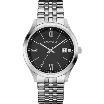 Caravelle designed by Bulova Men's Classic 3-Hand Date Quartz Stainless Steel Watch, Black Dial 41mm