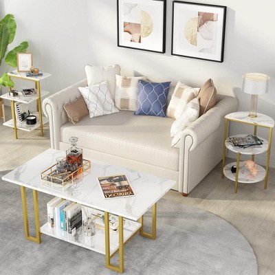 Hooseng 3 Pieces Coffee Table Set, Living Room Coffee Table with 2 End Side Tables Set and Metal Frame, Living Room Table Set