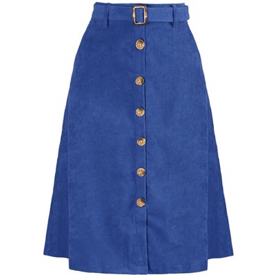 Allegra K Women's High Waist Solid Button Front A-Line Belted Corduroy Midi Skirt