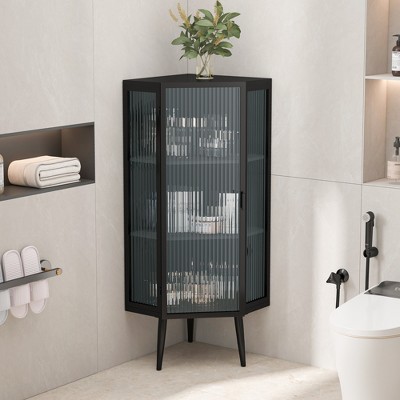 22.25" Floor Coner Cabinet,Three Tiers with Tempered Glass Doors and Storage Shelves for Bathroom, Living Room and Bedroom Black