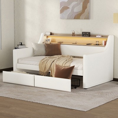 NicBex Twin Size Daybed with 2 Drawers,Upholstered Daybed with Charging Station and LED Lights for Bedroom,Living Room,Apartment