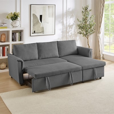 L-Shaped Sectional Sofa, Corduroy Tufted Upholstered Modular Convertible Sleeper Sofa with Pull-Out Bed, Reclining Backrest & Storage Chaise