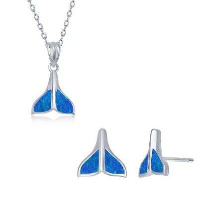 Opalata Sterling Silver Blue Inlay Opal Whale Tail Earrings and 18" Pendant Necklace Set