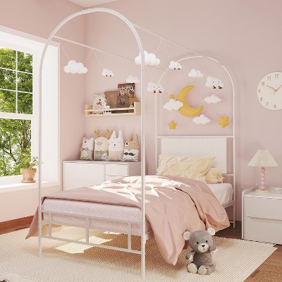 Kids Canopy Bed Frame with Headboard & Footboard,Upholstered Twin Bed Frames with Arched Mosquito Net Poles