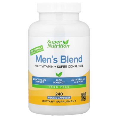 Super Nutrition Men's Multivitamin with Super Adaptogens, Greens, Spices, and Vitamin A, Iron Free, 240 Veggie Capsules