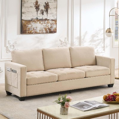 3 Seat Sofa Couch, 89'' Chenille Fabric Upholstered Sofa with Wide Armrest and Removable Headrest, Comfy Couches with Side Storage Pockets