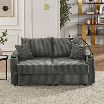 Modern Corduroy Loveseat with Storage - 22.5" Deep Seat Sofa Chair with Cup Holders & Phone Pockets, Solid Wood Frame for Living Room
