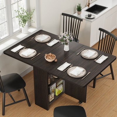 Folding Dining Table, Drop Leaf Dining Table with 6 Wheels and 2-Layer Storage Shelf, Space Saving Dining Table for Small Spaces