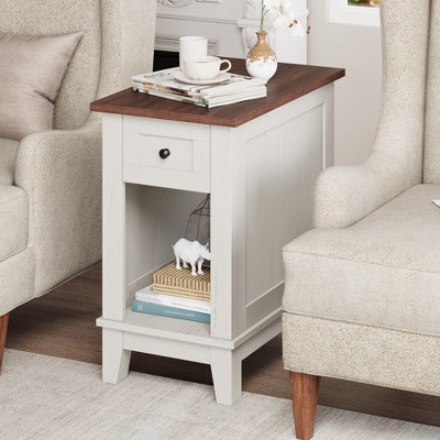 Narrow Side Table with Charging Station with Storage, Small Farmhouse End Tables Sofa Table, Nightstand Bedside Tables for Living Room Bedroom