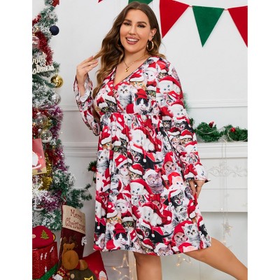Christmas Plus Size Women's Casual Long Sleeve Dress Vintage 1950's Party Cocktail Dress