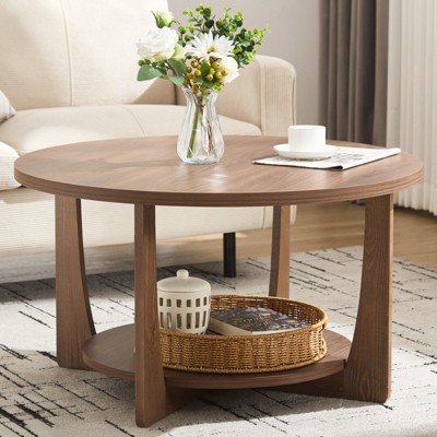 Bekrvio 31.5'' Round Coffee Table with Solid Wood Pine Legs, 2-Tier Boho Wood Coffee Table with Storage Shelf for Living Room