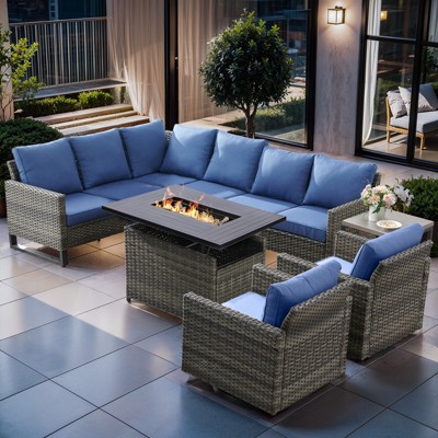 Buenhomino Outdoor Sectional Patio Furniture Set with Fire Pit Table,7 Pieces Wicker Conversation Sets L Shaped Couch with Swivel Chairs
