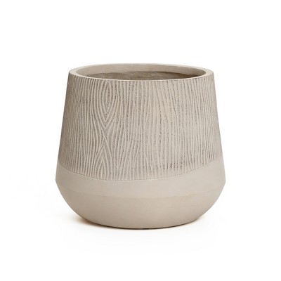 LuxenHome 17" Dia Concrete Round Tapered Planter Large Outdoor Indoor Plant Pot Distressed Wood Pattern Planter Pot for Home Garden Patio Brown