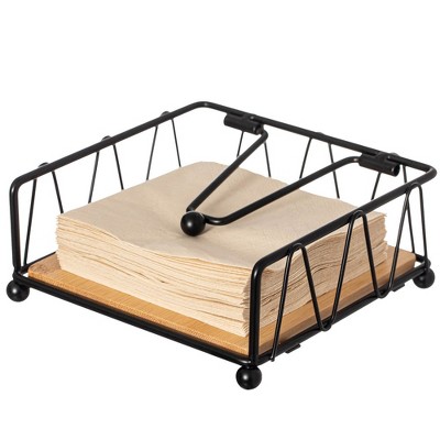 Basicwise Flat Metal Square Napkin Holder with Weighted Arm and a Wooden Tray Perfect for Adorning Dining Table, Kitchen Countertop or Bathroom