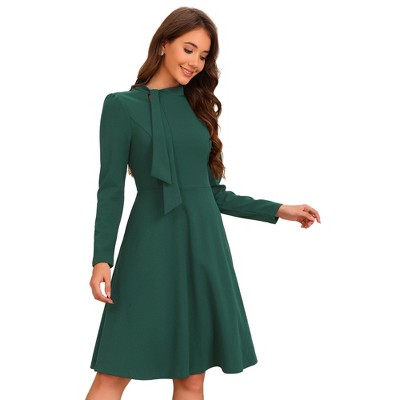Allegra K Women's Fall Long Sleeve Collar Tie Mock Neck A Line Elegant Midi Dress