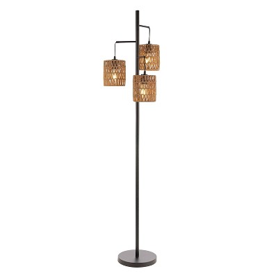 JONATHAN Y Isla 70.75" 3-Light Mid-Century Bohemian Floor Lamp: Rattan Shades, UL Listed, Push Button Switch