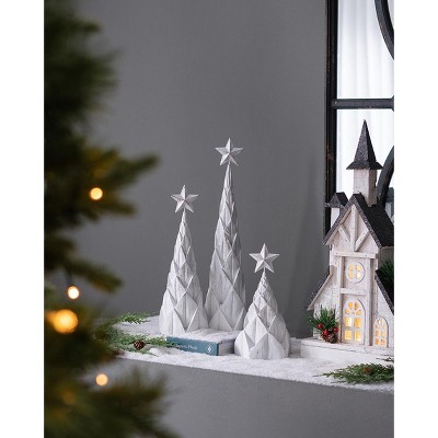 YOOCOZZ Unique Christmas Ornaments Decor- 3 Set of Resin White/Silver Foil Xmas Tree With Star Top, 3 Sizes:  L:4x4x16" M:4x4x12" S:4.5x4.5x8.8"