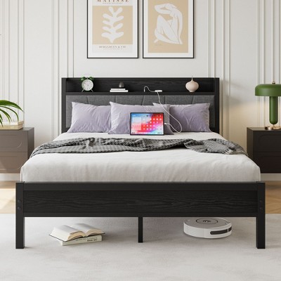 CAVINAS Queen Size Bed Frame with Storage Headboard, Storage Headboard with Charging Station, Solid and Stable
