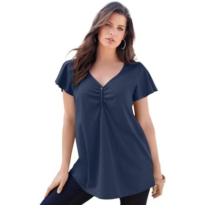 Roaman's Plus Size Cotton Ultimate Flutter Sleeve Sweetheart Tee