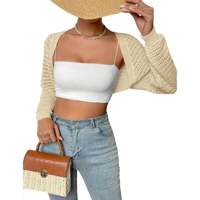 Womens Bolero Cropped Crochet Shrug Sweater Knit Cardigans with Lantern Sleeve Drop Shoulder Knit Bolero Sweater
