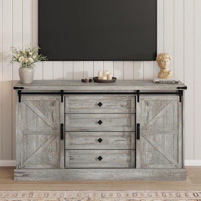 coucheta 45" TV Stands with Sliding Barn Doors, Farmhouse Entertainment Center with Large 4 Drawers and Bar Handles, for Living Room, Bedroom