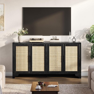Rattan Sideboard Buffet Cabinet with Storage, Wooden Cabinet with 4 Doors, Boho Media Console Table for Kitchen, Dining Room, Entryway