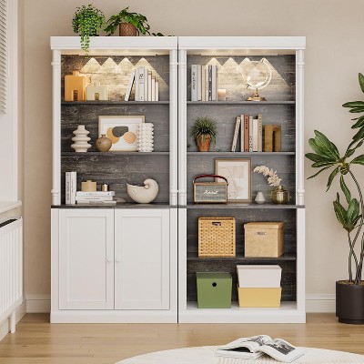 Dobleepy 71" Tall White Bookcase with LED Lights 5-Tier Shelf and Cabinet for Living Room Office