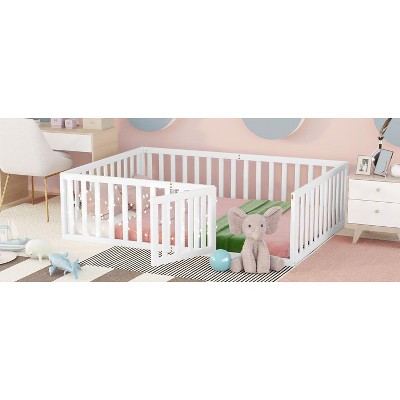 Grungis Full Size Floor Bed for Kids,Modern Wood Toddler Bed with Heightened Safety Guardrails and Door,Montessori Bed for Bedroom
