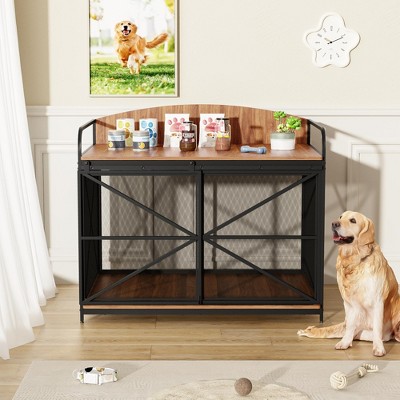 Heavy Duty Large Dog House Dog Crate Wooden Cage Indoor Kennel Furniture Decorative Pet House Dog Shelter Side Table End Table, Brown/Gray+Black-Moder