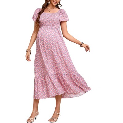 Clearlove Women's Summer Casual Short Sleeve Square Collar Elegant Hem Floral Dress